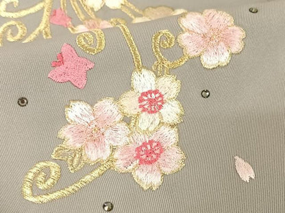 平和屋着物●女性　行灯袴　刺繍　舞蝶　桜　ラインストーン　千草鼠色　金糸　洗える着物　AAAZ3367np