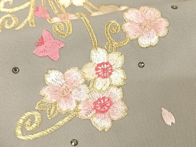 平和屋着物●女性　行灯袴　刺繍　舞蝶　桜　ラインストーン　千草鼠色　金糸　洗える着物　AAAZ3367np