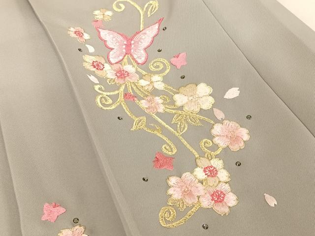 平和屋着物●女性　行灯袴　刺繍　舞蝶　桜　ラインストーン　千草鼠色　金糸　洗える着物　AAAZ3367np