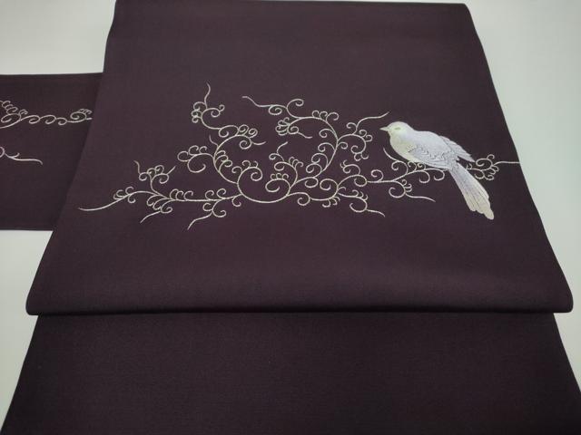 平和屋着物●塩瀬 九寸名古屋帯 総刺繍 休み鳥 唐草文 金糸 正絹 逸品 DAAV6830ps
