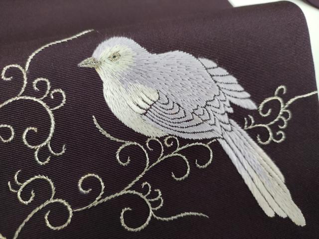 平和屋着物●塩瀬 九寸名古屋帯 総刺繍 休み鳥 唐草文 金糸 正絹 逸品 DAAV6830ps