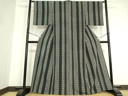 平和屋着物▽小紋 単衣 格子間道 黒地 洗える着物 DAAV5738az