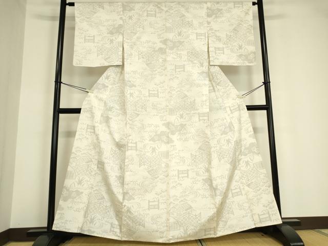 平和屋着物▽本場大島紬 白大島 単衣 籬流水花文 100亀甲 正絹 逸品 DAAV5749az