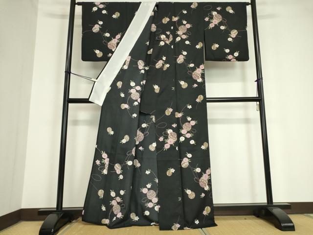 平和屋着物▽小紋 単衣 花毬文 黒地 洗える着物 DAAV5732az