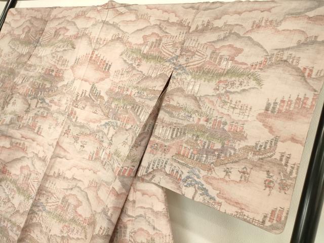 平和屋着物▽小千谷紬 単衣 雲取り人物風景文 正絹 逸品 未使用 DAAV5750az