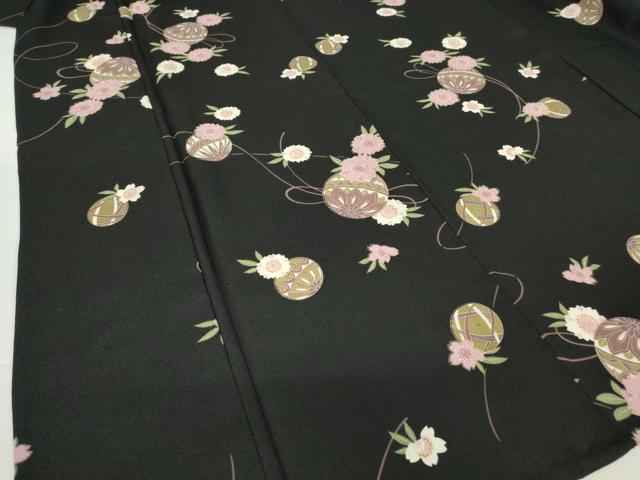平和屋着物▽小紋 単衣 花毬文 黒地 洗える着物 DAAV5732az
