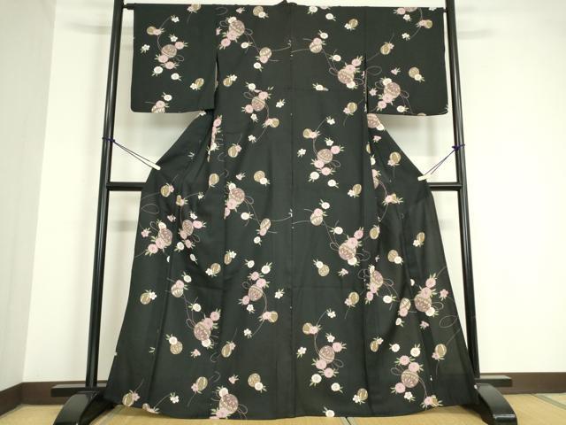 平和屋着物▽小紋 単衣 花毬文 黒地 洗える着物 DAAV5732az