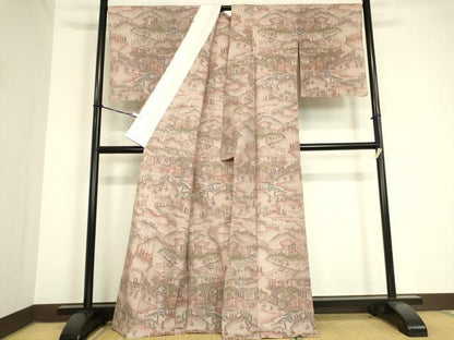 平和屋着物▽小千谷紬 単衣 雲取り人物風景文 正絹 逸品 未使用 DAAV5750az