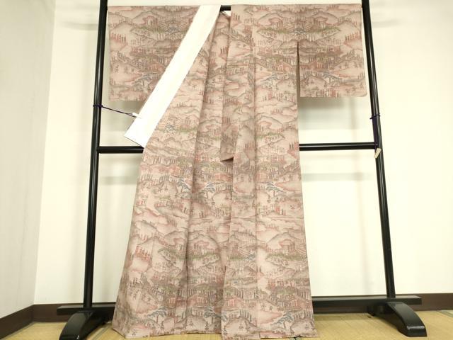 平和屋着物▽小千谷紬 単衣 雲取り人物風景文 正絹 逸品 未使用 DAAV5750az