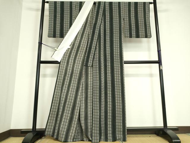 平和屋着物▽小紋 単衣 格子間道 黒地 洗える着物 DAAV5738az