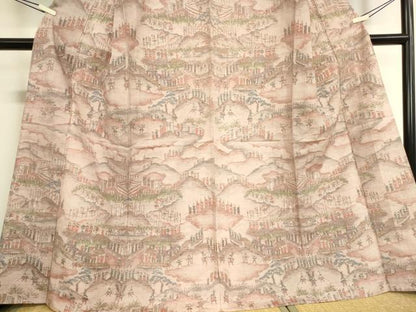 平和屋着物▽小千谷紬 単衣 雲取り人物風景文 正絹 逸品 未使用 DAAV5750az