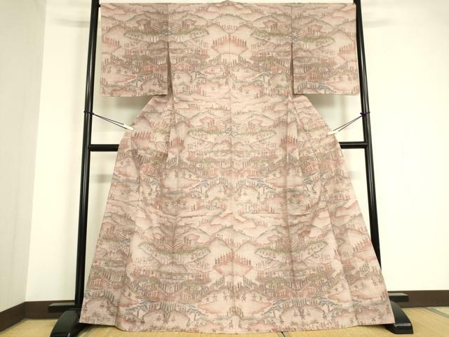 平和屋着物▽小千谷紬 単衣 雲取り人物風景文 正絹 逸品 未使用 DAAV5750az