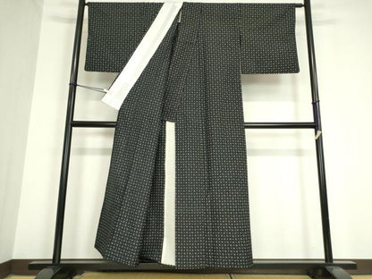 平和屋着物▽上質な紬 単衣 絣文 黒地 正絹 逸品DAAV5780az