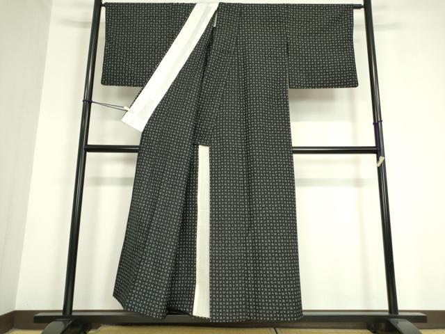 平和屋着物▽上質な紬 単衣 絣文 黒地 正絹 逸品DAAV5780az