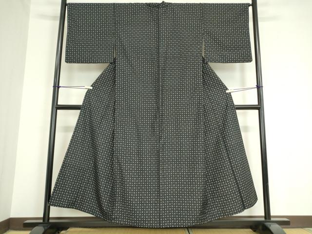平和屋着物▽上質な紬 単衣 絣文 黒地 正絹 逸品DAAV5780az
