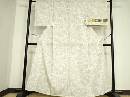 平和屋着物▽本塩沢　単衣　壁画人物花文　110亀甲　証紙付き　正絹　逸品　DAAV5690az