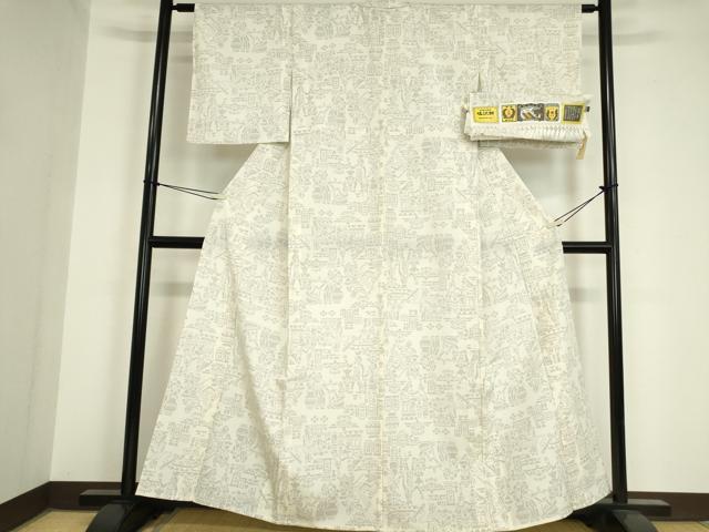 平和屋着物▽本塩沢　単衣　壁画人物花文　110亀甲　証紙付き　正絹　逸品　DAAV5690az