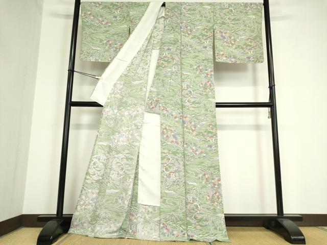 平和屋着物▽上質な小紋 単衣 水辺風景花文 正絹 逸品 DAAV5684az