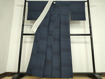 平和屋着物▽本塩沢　単衣　横段文　110亀甲　正絹　逸品　DAAV5686az