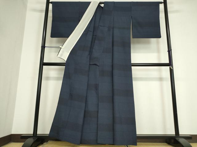 平和屋着物▽本塩沢　単衣　横段文　110亀甲　正絹　逸品　DAAV5686az