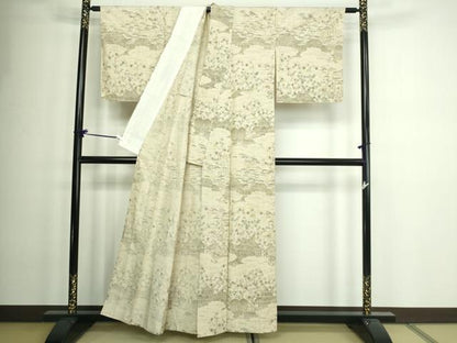 平和屋着物▽上質な小紋 紬地 単衣 風景草花文 正絹 逸品 DAAV9978sf