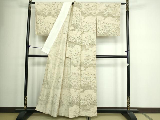 平和屋着物▽上質な小紋 紬地 単衣 風景草花文 正絹 逸品 DAAV9978sf
