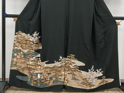 平和屋着物■豪華黒留袖　駒刺繍　松竹梅　風景文　金彩　正絹　逸品　BAAU7553mz