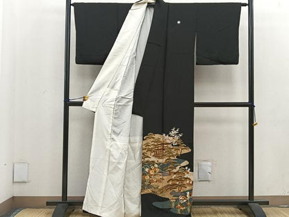 平和屋着物■豪華黒留袖　駒刺繍　松竹梅　風景文　金彩　正絹　逸品　BAAU7553mz