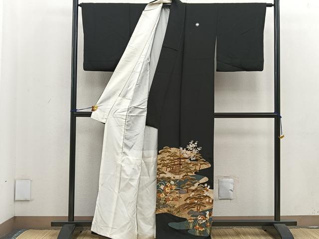 平和屋着物■豪華黒留袖　駒刺繍　松竹梅　風景文　金彩　正絹　逸品　BAAU7553mz