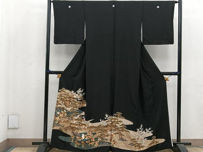 平和屋着物■豪華黒留袖　駒刺繍　松竹梅　風景文　金彩　正絹　逸品　BAAU7553mz