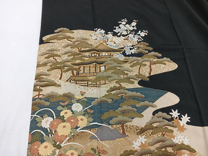 平和屋着物■豪華黒留袖　駒刺繍　松竹梅　風景文　金彩　正絹　逸品　BAAU7553mz