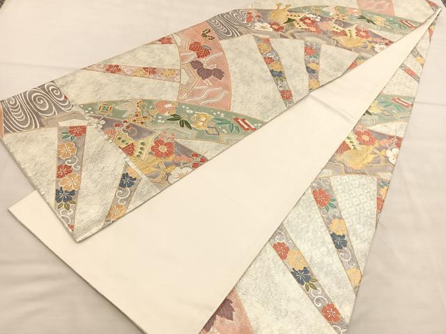平和屋着物◎全通柄袋帯　唐織　源氏車花蝶文　金銀糸　正絹　逸品　BAAV1488hv