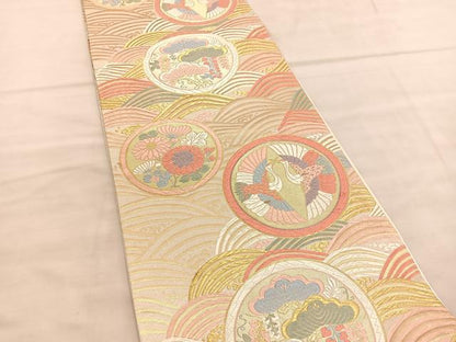 平和屋着物◎六通柄袋帯　唐織　彩波池狂言丸文　金銀糸　正絹　逸品　BAAV1482hv