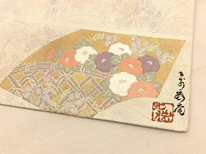 平和屋着物◎全通柄袋帯　秋草文　ワンポイント：地紙花文　正絹　逸品　BAAV3037hv