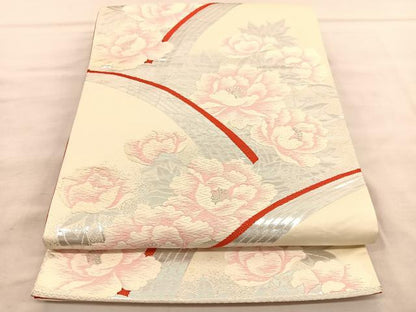 平和屋着物◎六通柄袋帯 唐織 牡丹 銀糸 正絹 逸品 BAAV1539hv