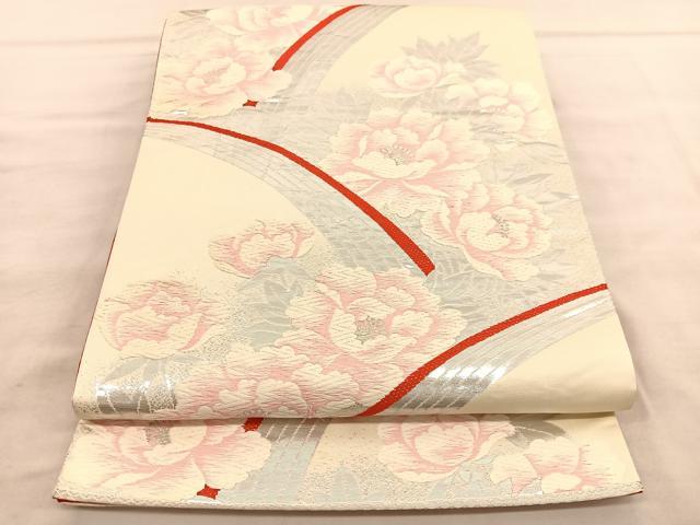 平和屋着物◎六通柄袋帯 唐織 牡丹 銀糸 正絹 逸品 BAAV1539hv