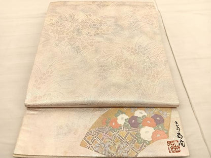平和屋着物◎全通柄袋帯　秋草文　ワンポイント：地紙花文　正絹　逸品　BAAV3037hv