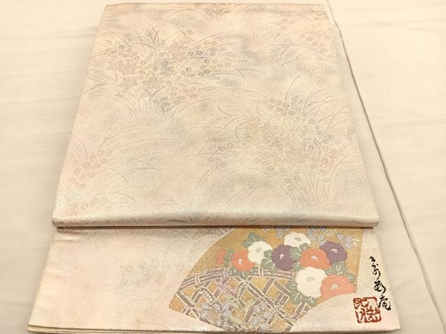 平和屋着物◎全通柄袋帯　秋草文　ワンポイント：地紙花文　正絹　逸品　BAAV3037hv
