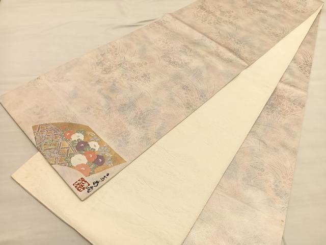 平和屋着物◎全通柄袋帯　秋草文　ワンポイント：地紙花文　正絹　逸品　BAAV3037hv
