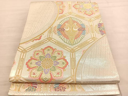 平和屋着物◎六通柄袋帯　唐織　亀甲双鶴花文　金糸　正絹　逸品　BAAV1865hv