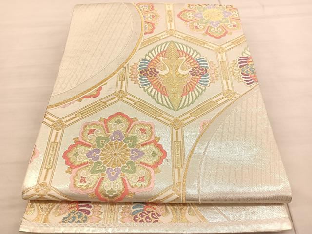 平和屋着物◎六通柄袋帯　唐織　亀甲双鶴花文　金糸　正絹　逸品　BAAV1865hv