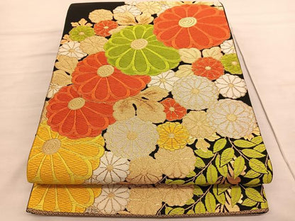 平和屋着物◎六通柄袋帯 唐織 菊 黒地 金銀糸 正絹 逸品 BAAV1918hv