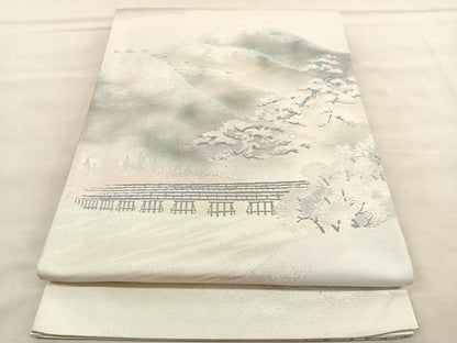 平和屋着物◎六通柄袋帯 遠山風景文 銀糸 正絹 逸品 BAAV1624hv