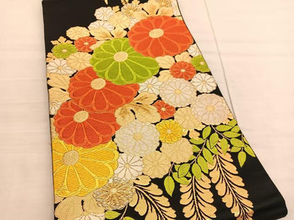 平和屋着物◎六通柄袋帯 唐織 菊 黒地 金銀糸 正絹 逸品 BAAV1918hv