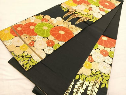 平和屋着物◎六通柄袋帯 唐織 菊 黒地 金銀糸 正絹 逸品 BAAV1918hv
