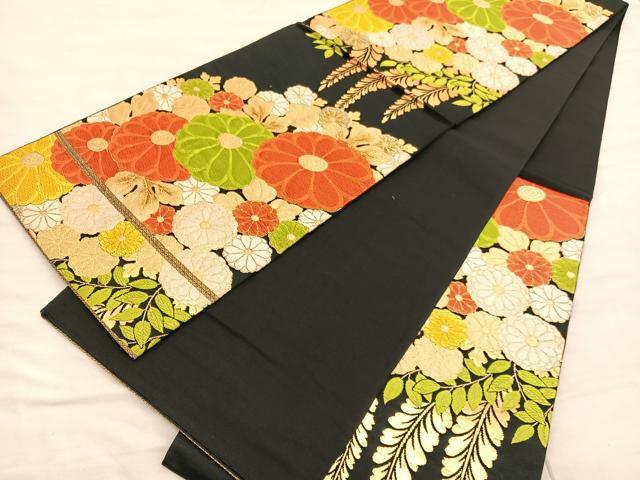 平和屋着物◎六通柄袋帯 唐織 菊 黒地 金銀糸 正絹 逸品 BAAV1918hv