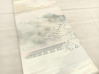 平和屋着物◎六通柄袋帯 遠山風景文 銀糸 正絹 逸品 BAAV1624hv