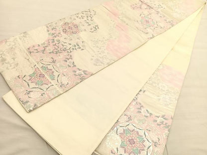 平和屋着物◎六通柄袋帯 唐織 花鳥文 銀糸 正絹 逸品 BAAV1987hv