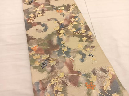 平和屋着物◎六通柄袋帯 古代錦 葡萄蔦の葉文 金銀糸 正絹 逸品 BAAV1722hv