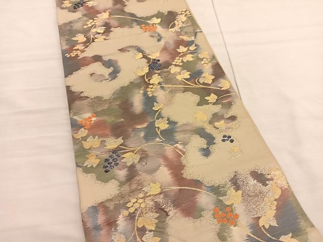 平和屋着物◎六通柄袋帯 古代錦 葡萄蔦の葉文 金銀糸 正絹 逸品 BAAV1722hv